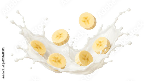 A milk splash and banana slices isolated on transparent background