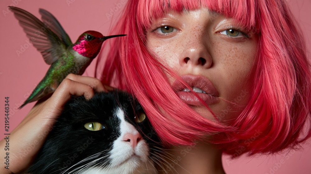 Obraz premium woman with pink ombre hair, cat and hummingbird