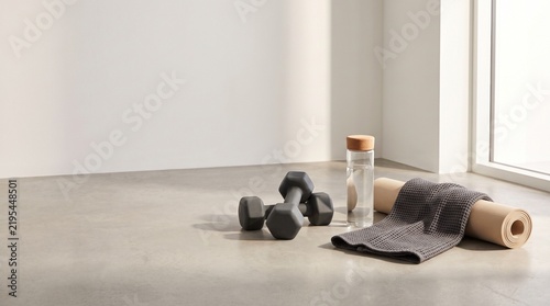 Two dumbbells, a water bottle, a towel, and a yoga mat on a light floor in a bright room, ready for a workout.
