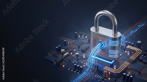 A padlock on a circuit board with glowing blue data lines, representing digital security and cybersecurity concepts.