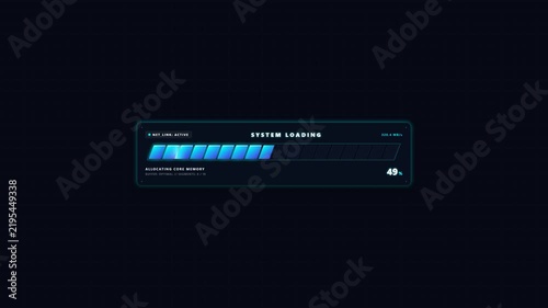 Futuristic digital system loading bar animation with neon blue segments and technical interface data indicators for gaming and technology projects