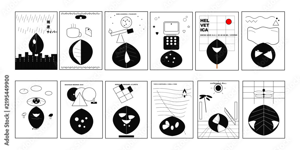 Dark Academia card set, abstract geometric space and science vector collection