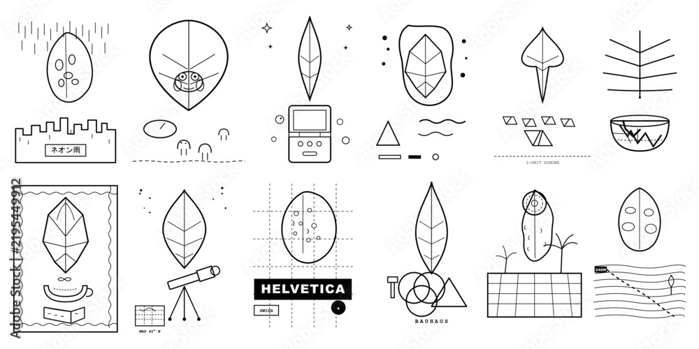 Swiss Design inspired icon set, modern minimalist black and white vector collection