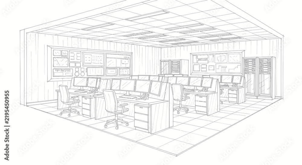 Fototapeta premium Elegant Monochrome Sketch of Modern Control Room with Computer Workstations and Server Racks with high quality professional line art symbols for modern creative design and digital branding projects