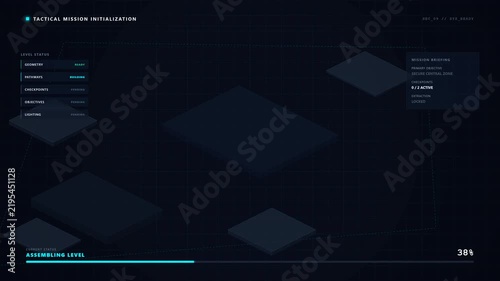 Tactical digital mission initialization screen featuring a futuristic isometric grid interface with loading progress bar for gaming or software design