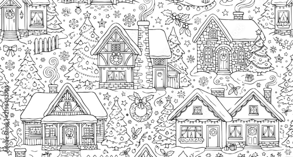 Fototapeta premium Cute Christmas Houses Seamless Pattern Adult Coloring Book Doodle Vector