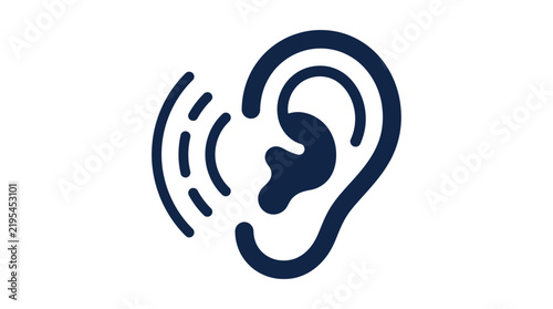 Minimalist ear icon featuring rounded dark blue lines representing sound waves on a white flat background