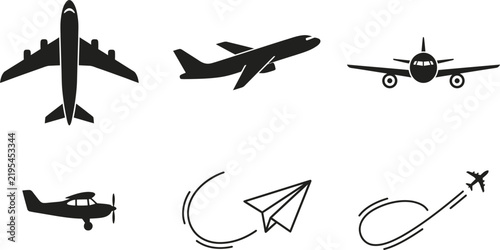 Airplane icon set including commercial jet passenger plane propeller aircraft and paper airplane silhouettes