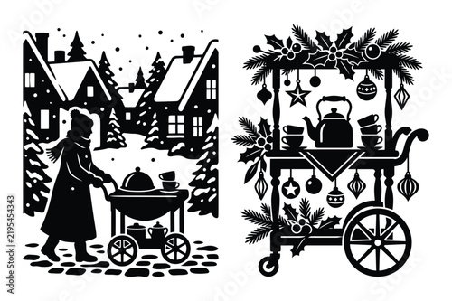 Winter market scene with snow covered village and holiday cart christmas seasonal