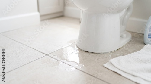 Leaking white toilet base causing water to pool on light tiled bathroom floor