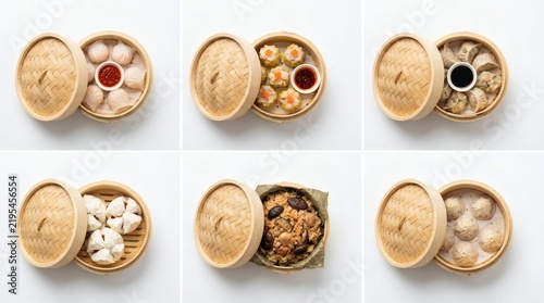 Obraz na płótnie Top Down Grid 6 Dim Sum Steamer Basket Varieties White Background 3x2 Layout