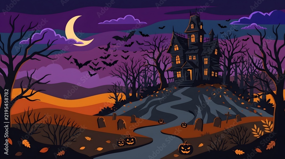 Fototapeta premium Spooky Halloween background with haunted house, bats, and glowing jack-o-lanterns at night
