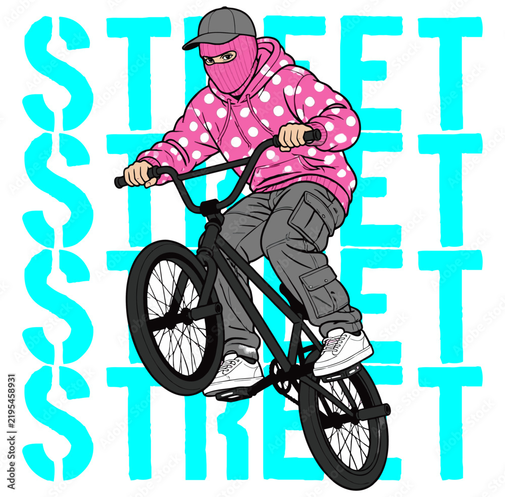 Obraz premium Masked Bicycle Rider Performing BMX Street Style Pose vector illustrator 