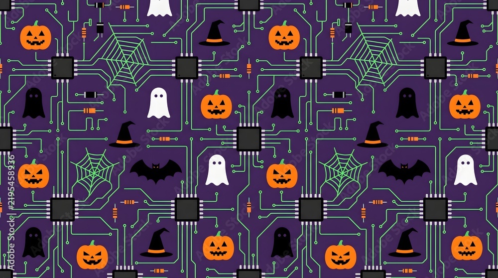 Fototapeta premium Seamless Halloween tech pattern background featuring pumpkins, microchips, and circuits in vibrant purple