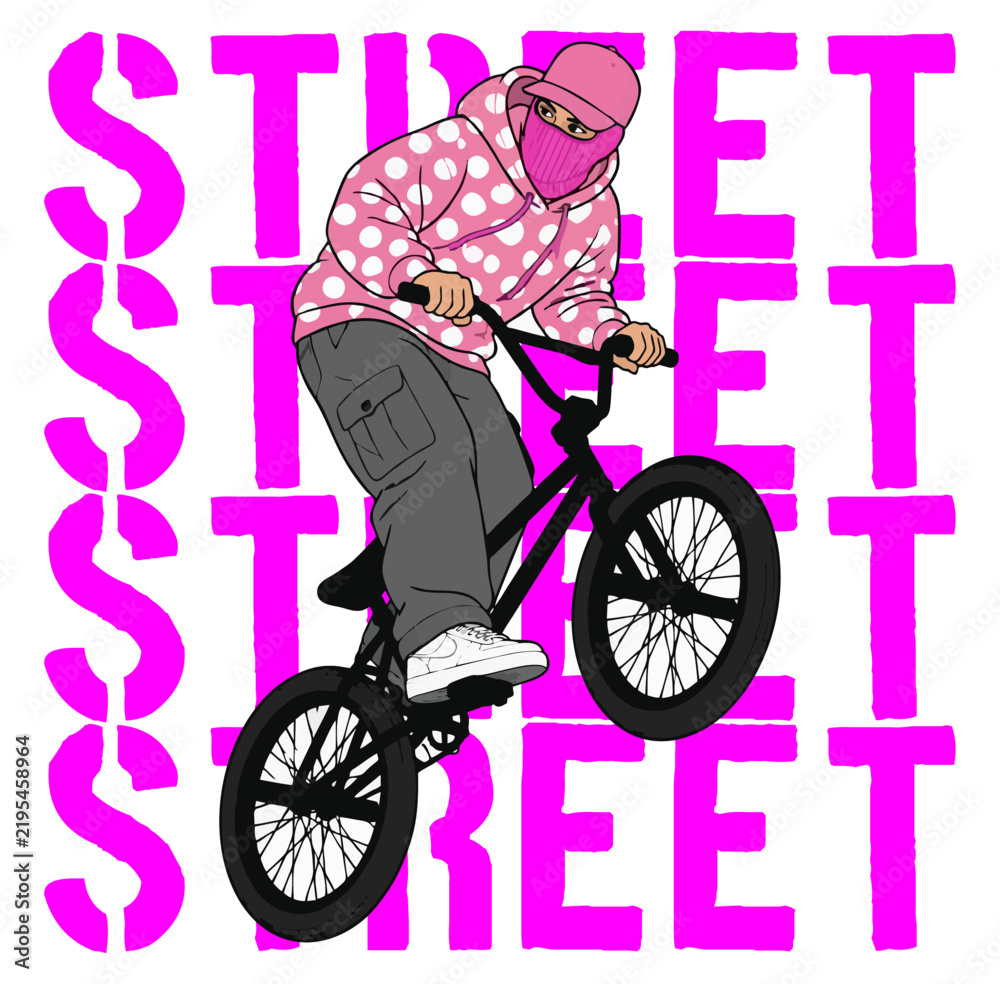 Fototapeta premium Masked BMX Rider in Pink Polka Dot Hoodie Riding Bicycle vector illustrator 