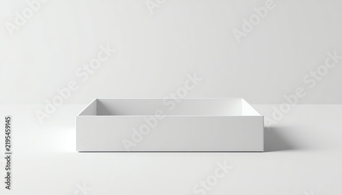 Show a single low horizontal white rectangular open-top box viewed from a three-quarter front angle. 