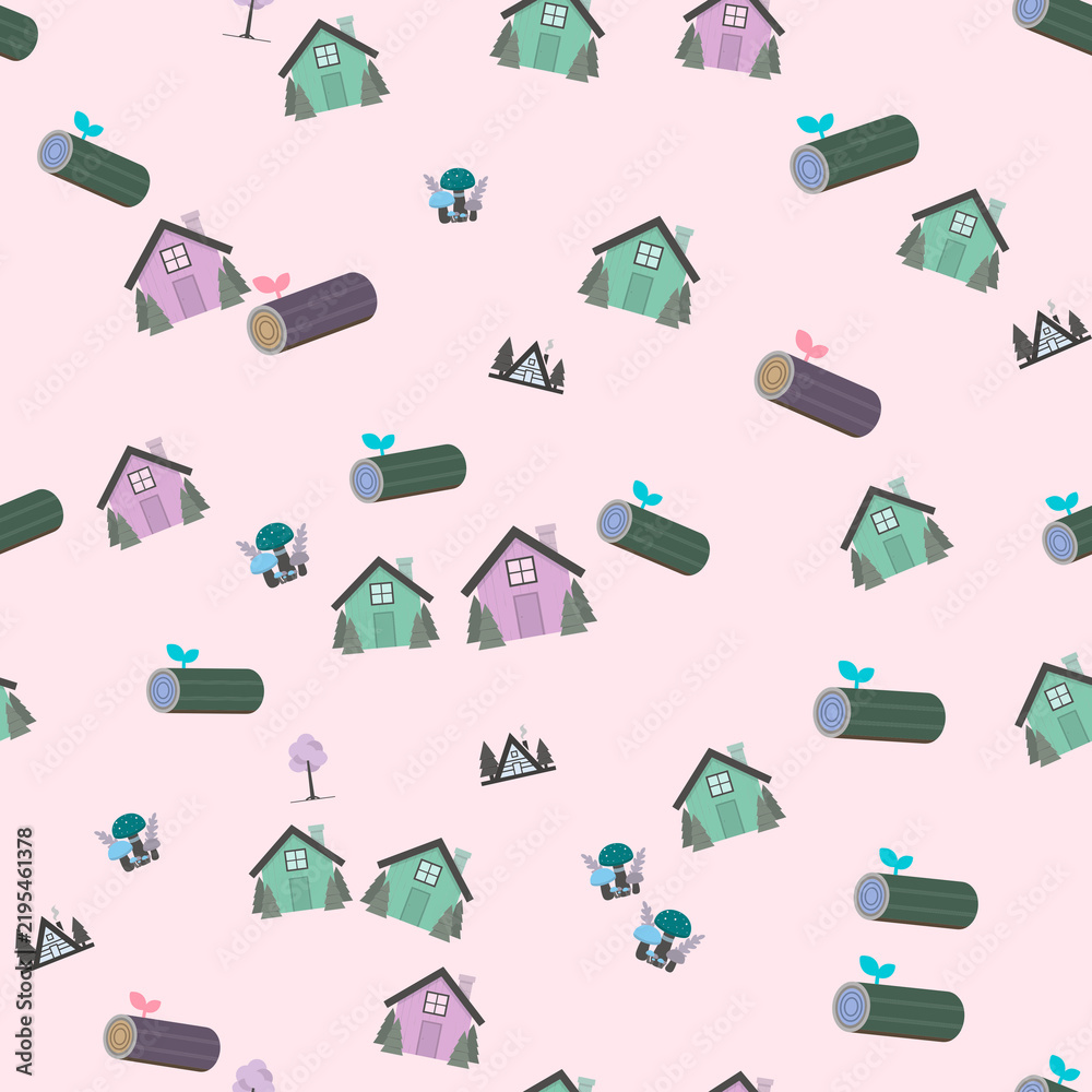 Obraz premium Seamless pattern of cartoon houses, logs, and mushrooms