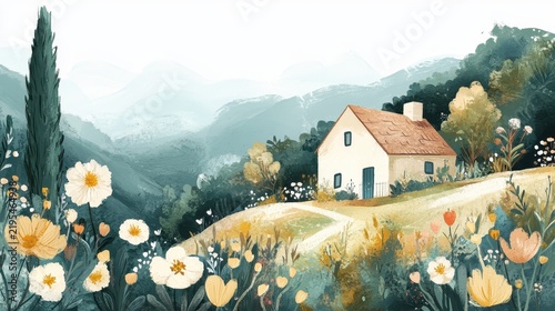 A quaint cottage sits on a hillside, surrounded by wildflowers and tall trees, with rolling misty mountains in the background under a soft sky