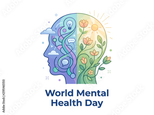 World Mental Health Day Head Profile Blooming Brain Vector