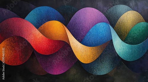 Abstract design featuring textured, overlapping, colorful waves in a rich palette of warm and cool tones, flowing horizontally on a dark background