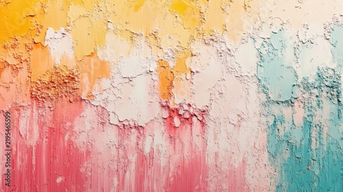 Vibrant abstract painting with heavily textured impasto. Thick, rugged strokes transition from warm orange, yellow, and pink to cool teal, creating a tactile, layered surface