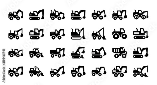 Collection of Black Tractor Icons in Grid Layout.
