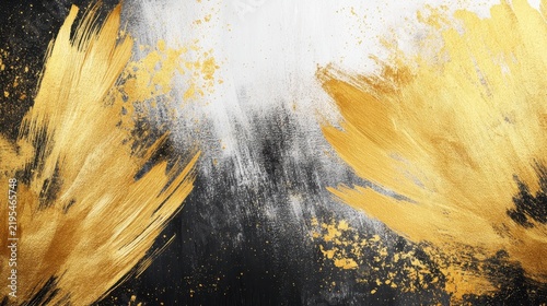 Dramatic abstract with shimmering gold, feather-like brushstrokes and splatters exploding on a textured black and white gradient background, creating a luxurious design