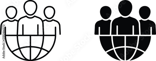 Global team icons featuring stylized human figures standing above earth grid patterns shown in minimalist black line art and solid bold silhouette vector illustration graphic designs