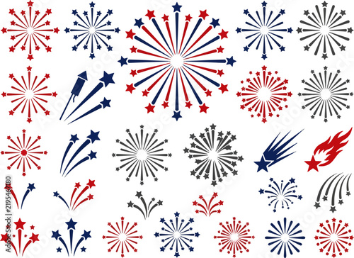 Independence Day firework icons set in patriotic red and blue