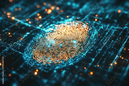 Glowing digital fingerprint biometric scan on an intricate circuit board background with interconnected lines and shimmering data points