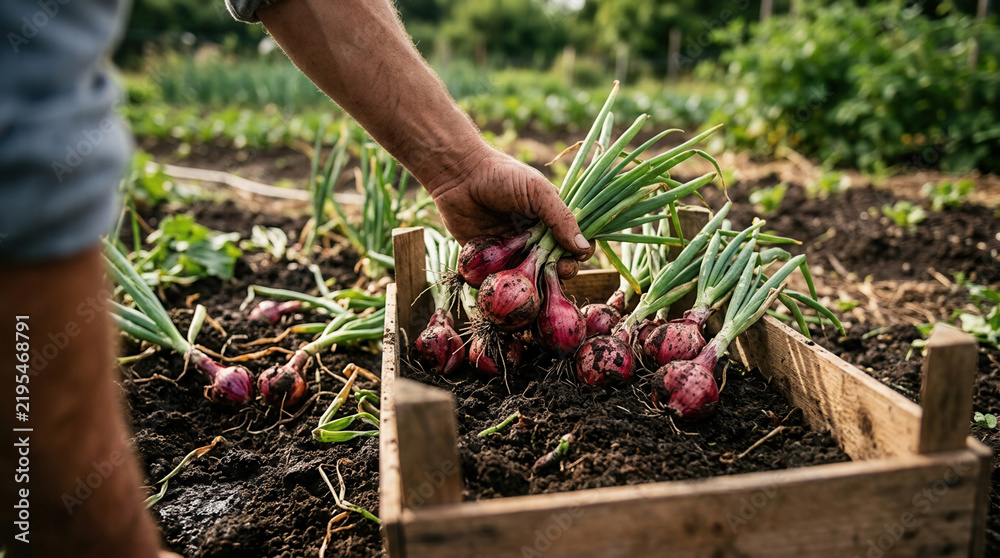 Fototapeta premium Farmer Harvesting Fresh Organic Red Onions From Garden Beds