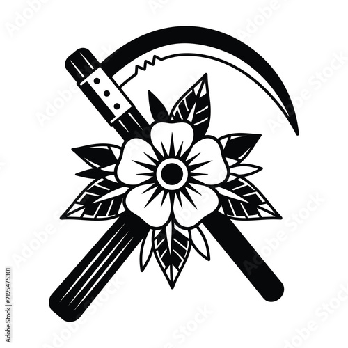 Black and white tattoo design featuring a scythe crossed with a flower and leaves