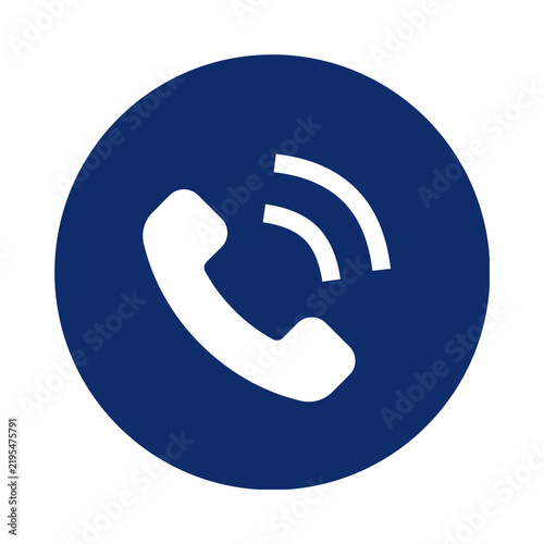 Flat design blue circle icon featuring a white ringing telephone receiver symbol transparent background