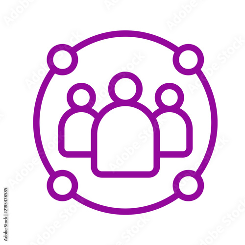 Purple outline icon featuring a group of three people connected inside a circle transparent background