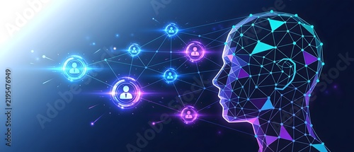 Futuristic digital human head illustration with neural network connections and data nodes