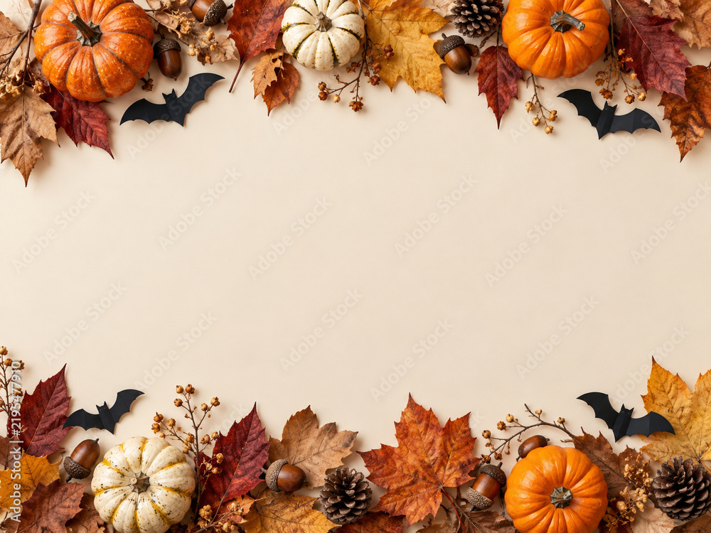 Fototapeta premium Autumn Border with Pumpkins and Leaves