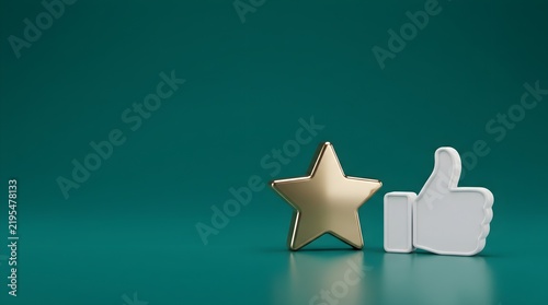 Golden star and white thumbs up icon on teal background, customer feedback and rating symbols, social media engagement and quality review concept