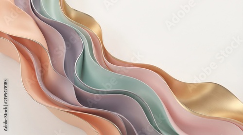 Abstract wavy 3D ribbons in pastel colors, elegant flowing satin curves on white background, minimalist aesthetic silk waves for luxury branding