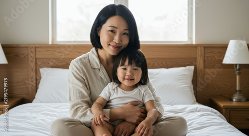 Happy Asian Mother and Toddler Sitting on Bed at Home