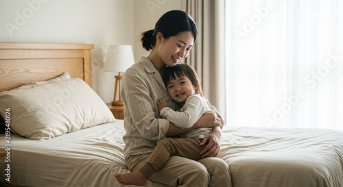 Happy Asian Mother and Toddler Sitting on Bed at Home