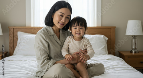Happy Asian Mother and Toddler Sitting on Bed at Home