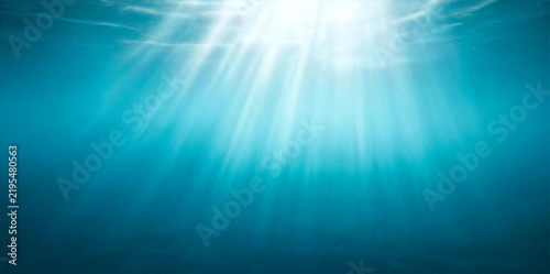 Underwater Ocean World Background with Blue Deep Sea Water, Sun Rays, Soft Light Beams, Wave Texture and Abstract Aquatic Nature Scene for Loop Animation and Design