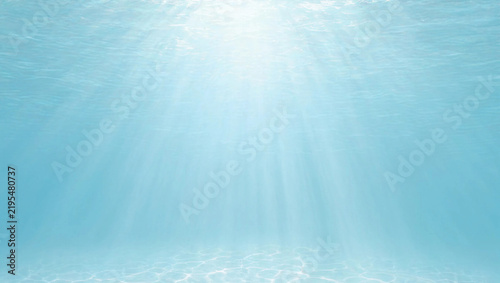 Underwater Blue Ocean Background with Sun Rays, Soft Light Reflections, Deep Sea Water Texture and Abstract Aquatic Nature Scene for Wallpaper and Design