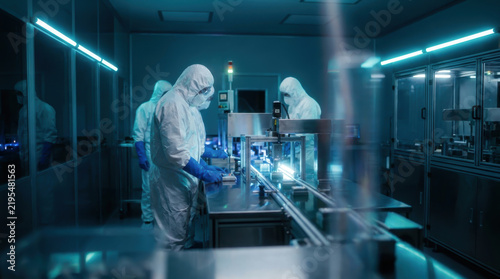 Workers in Cleanroom Suits Operating Robotic Assembly Line