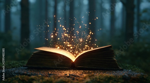 Book with magic glowing particles rising from pages in a dark mystical forest for an enchanted fantasy story theme