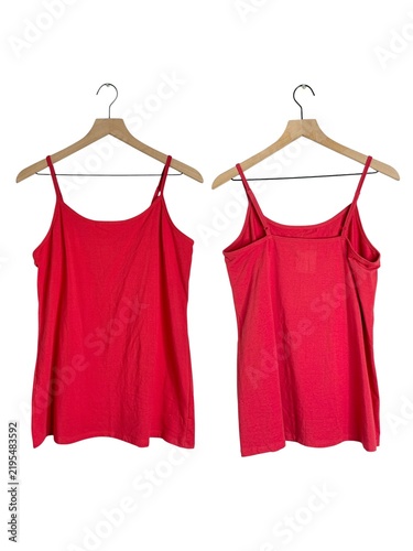 Fotografie Front and back views of a red women’s camisole tank top displayed side by side on wooden hangers and isolated on a white background