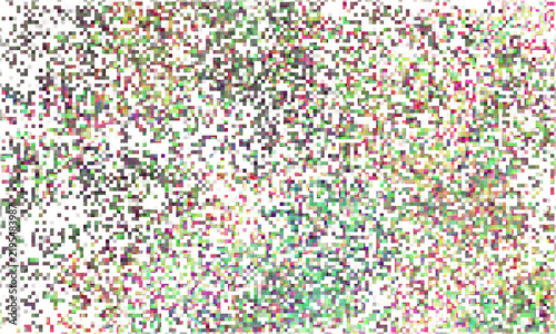Scattered green, magenta, and violet pixel blocks, abstract vector corrupted digital glitch pattern.