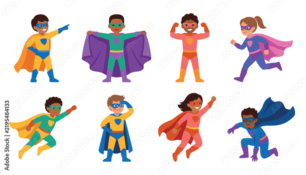 Fototapeta premium Cute cartoon kids in superhero costumes vector illustration set with diverse children in playful poses isolated on white background