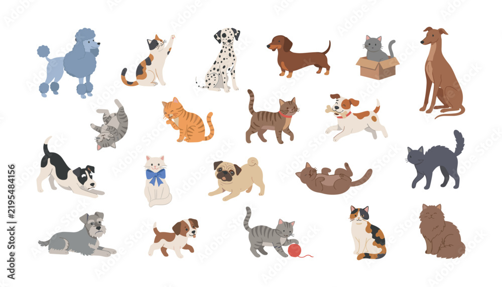 Obraz premium Cute cartoon cats and dogs vector illustration set with playful domestic pets isolated on a white background
