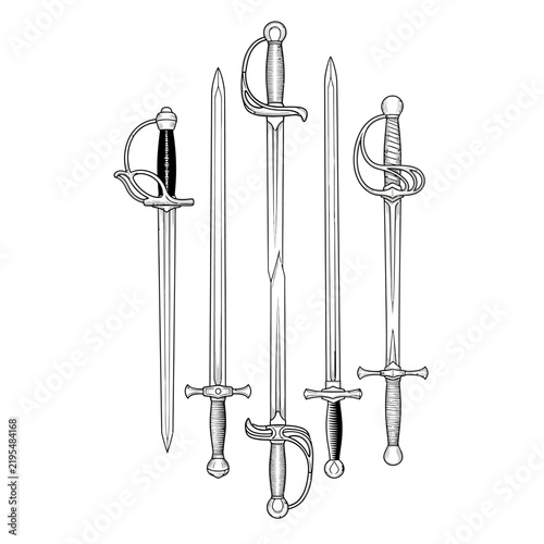 Collection of medieval swords and daggers.
